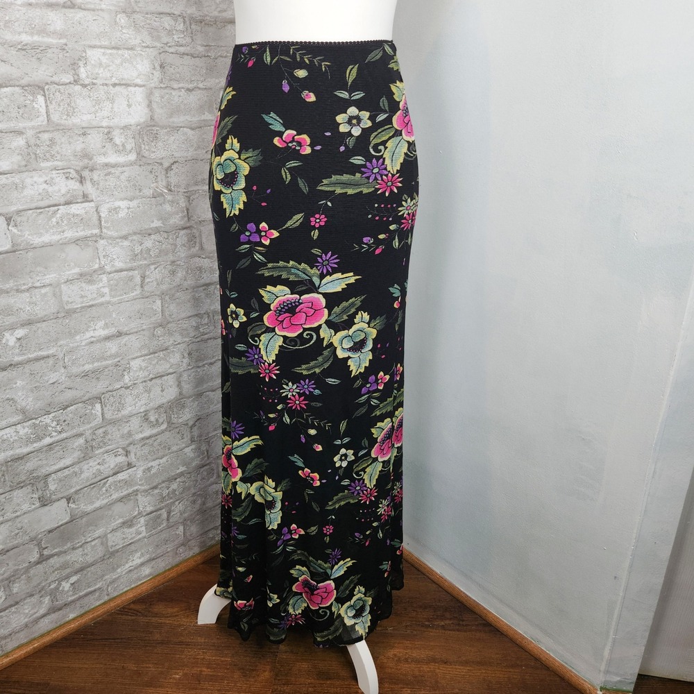 Vivienne Tam Vintage Y2K Black Floral Mesh Lined Maxi Skirt Sz 1 XS